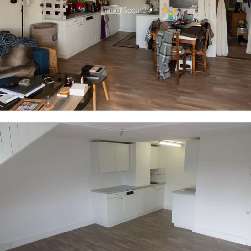 The image shows a modern, open-plan living and dining area with a kitchen. The living area features a sofa, coffee table, and a small stool. The dining area includes a table with chairs and a laptop. The kitchen has white cabinets, a dishwasher, and a cou