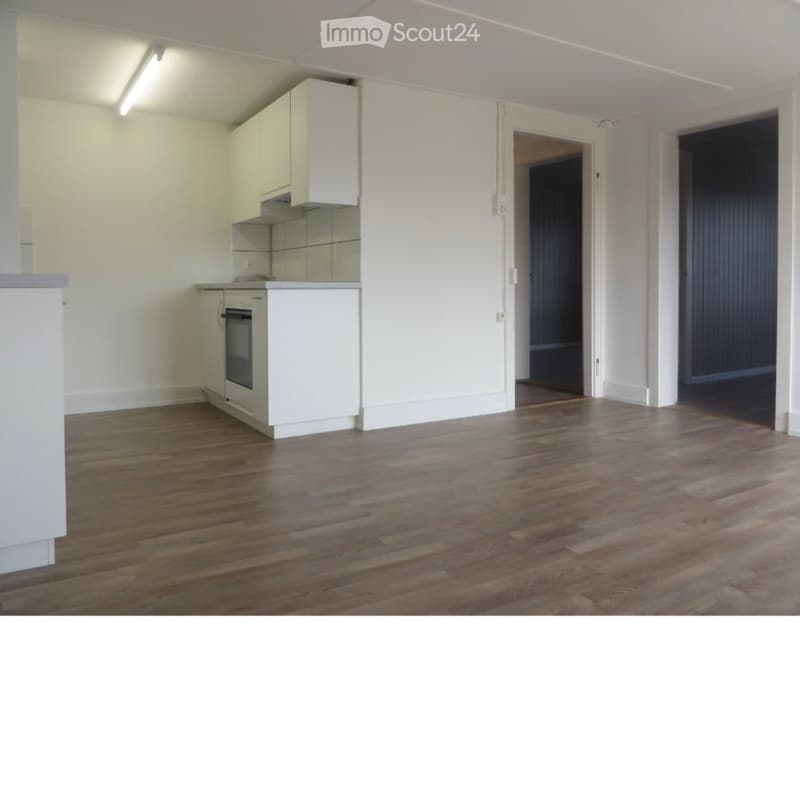 Empty room with wooden flooring, white walls, and a small kitchen area with cabinets and an oven. No furniture or personal items are present.
