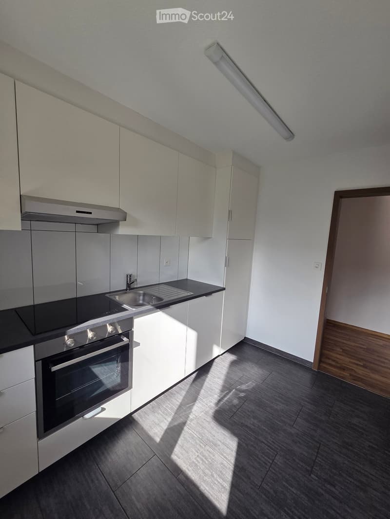 Modern kitchen with white cabinets, stainless steel sink, oven, and black countertops. Wooden flooring and a door leading to another room.