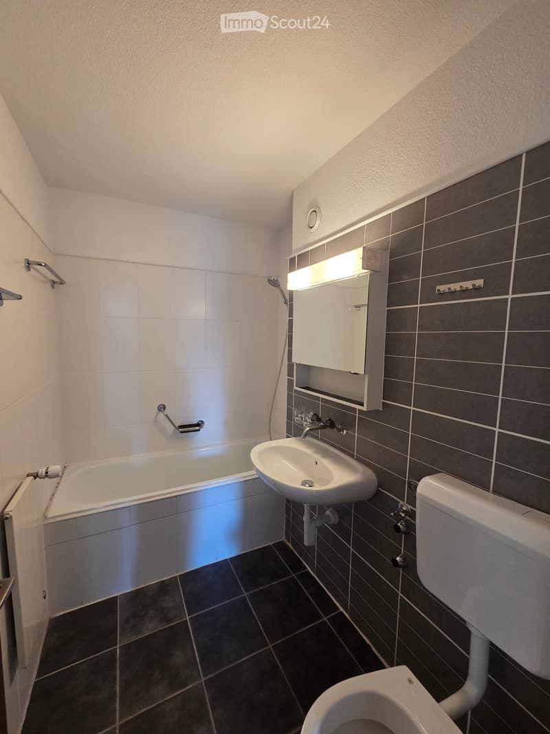 Modern bathroom with a bathtub, sink, toilet, and built-in mirror cabinet. Features dark tiled walls and floor, white fixtures, and a sleek design.