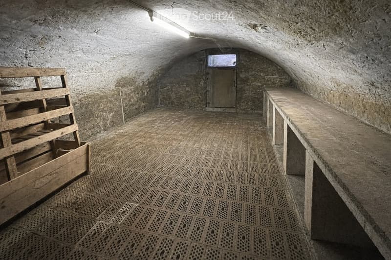 Empty underground room with stone walls and ceiling, wooden crates, and a long wooden bench.