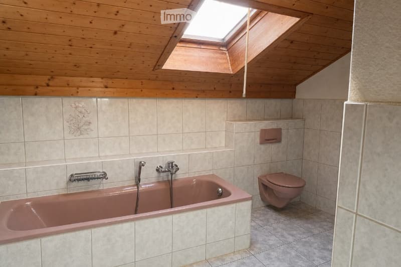 Bathroom with a pink bathtub, toilet, tiled walls, and a skylight window in the ceiling.
