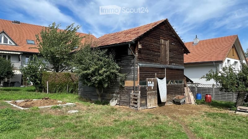 A rustic wooden outbuilding with a tiled roof, surrounded by a grassy yard with a tree, a wheelbarrow, and some tools.