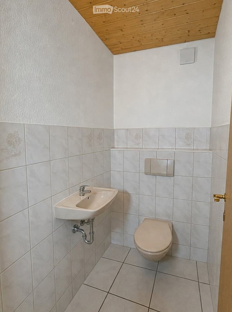 Small bathroom with white tiled walls and floor, a sink, and a toilet. The ceiling is wooden with a slanted design.