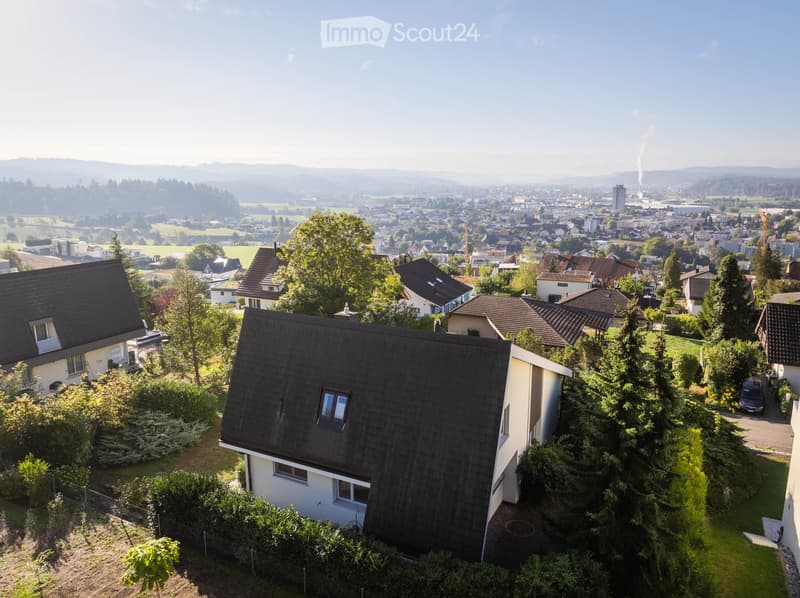 Aerial view of a residential area with multiple houses, surrounded by greenery and trees, with a cityscape and mountains in the background.
