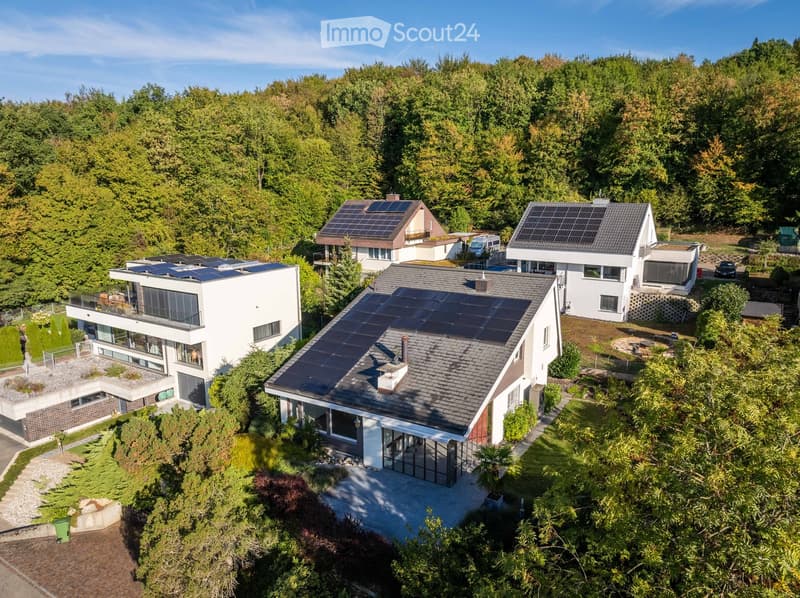 Aerial view of a modern residential complex with multiple houses, solar panels on roofs, and surrounding greenery.