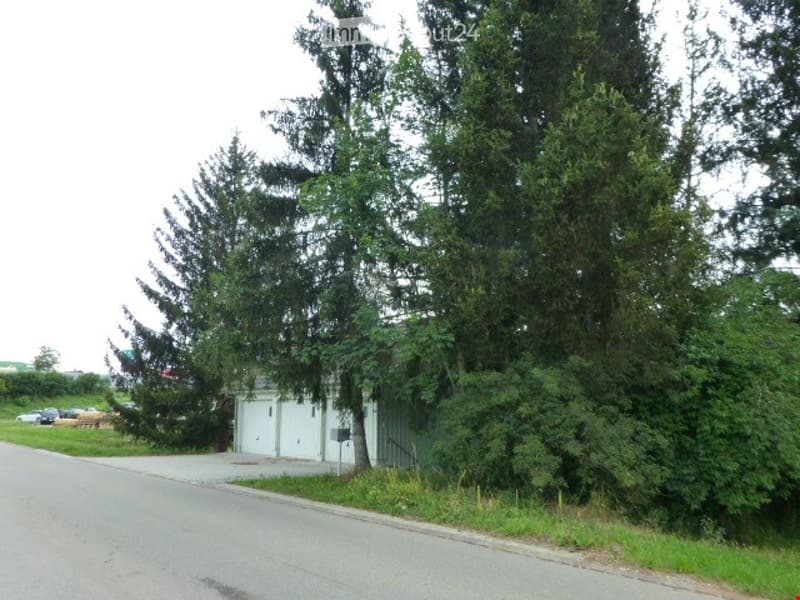 A small, single-story building with a garage door, partially obscured by tall evergreen trees. The building is situated on a paved driveway with a grassy area nearby.