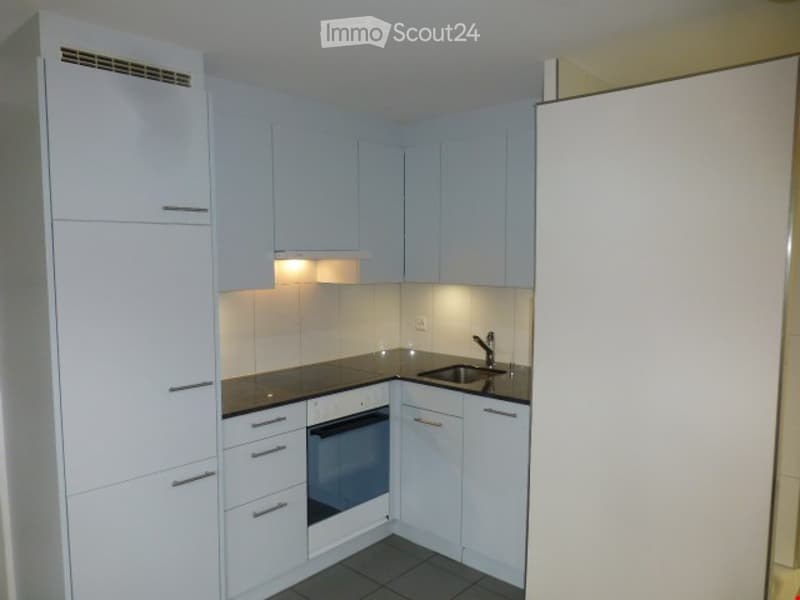 Modern kitchen with white cabinets, black countertops, and built-in appliances including an oven and sink.