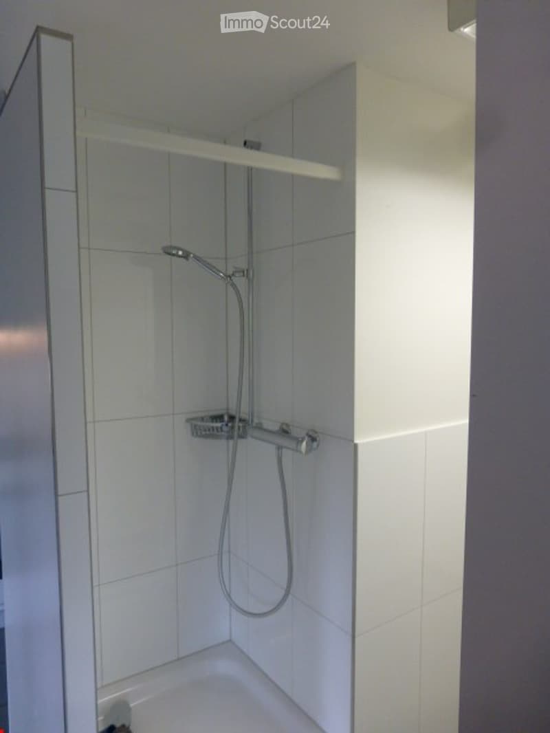 Modern shower stall with white tiles, a handheld showerhead, and a built-in shelf for storage.