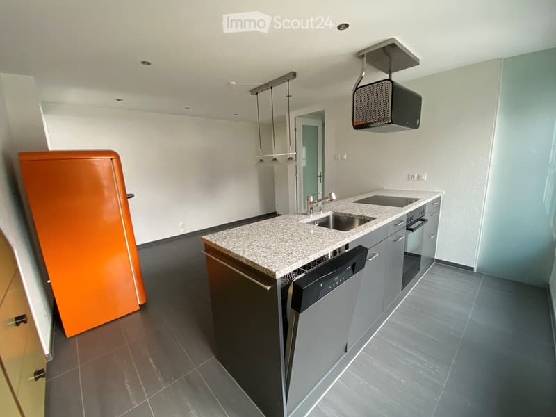 Modern kitchen with granite countertop, stainless steel sink, dishwasher, and built-in cabinets.