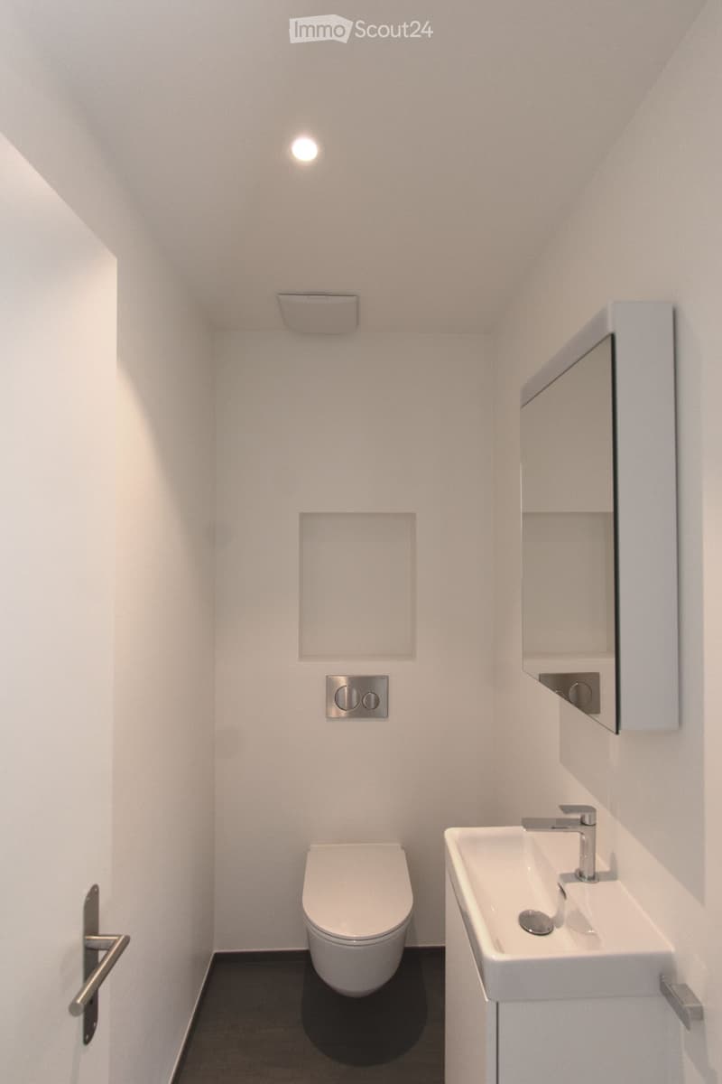 Modern, compact bathroom with white walls, a toilet, a sink with a modern faucet, a mirrored cabinet, and sleek lighting.