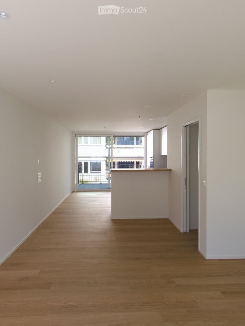 Empty hallway with wooden flooring, white walls, and recessed lighting. Features a glass door leading to an outdoor area and a small counter in the corner.