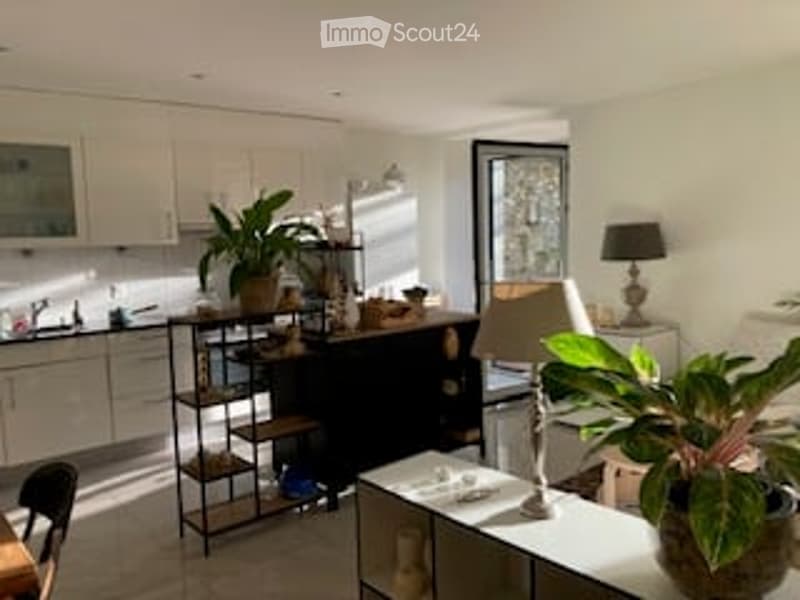 Bright, modern kitchen with white cabinets, a central island, and various decorative plants. The space includes a sink, countertop, a stool, a small table with a chair, and a lamp for ambient lighting.