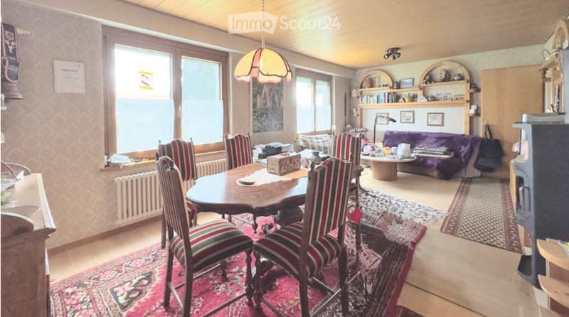A cozy living and dining area with a sofa, dining table, chairs, a hanging lamp, and shelves with decorative items.