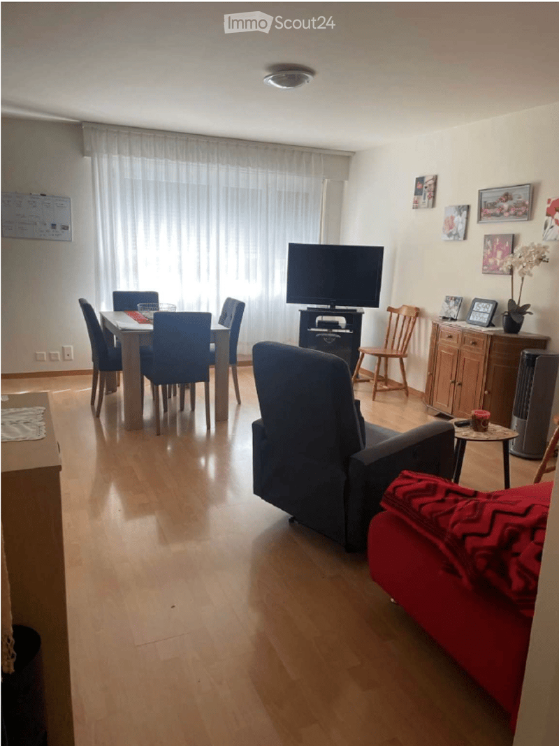 A modern living and dining area with a sofa, coffee table, dining table with chairs, television, and a cabinet with a flower pot. The space features wooden flooring and large windows with white curtains.