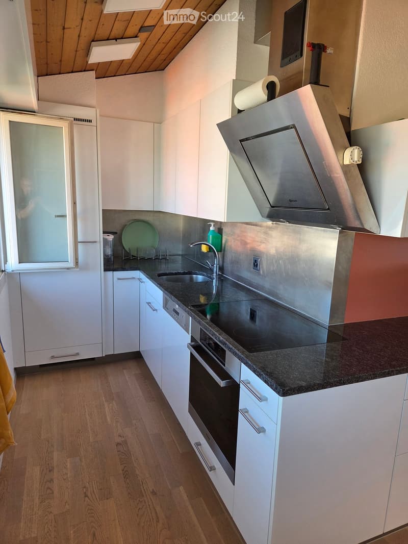 Modern kitchen with white cabinets, dark granite countertops, stainless steel appliances, and wooden flooring.