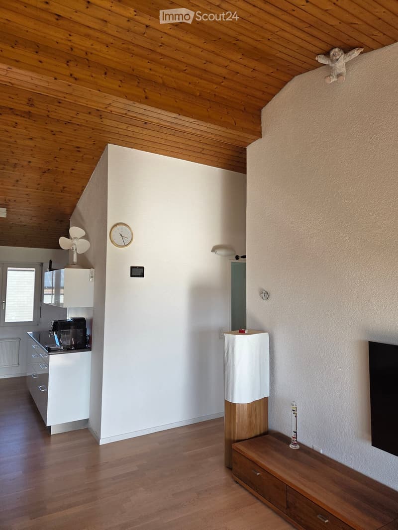A modern, well-lit room with wooden flooring and white walls. Features include a refrigerator, coffee maker, fan, clock, table, television, and a small wooden stool.
