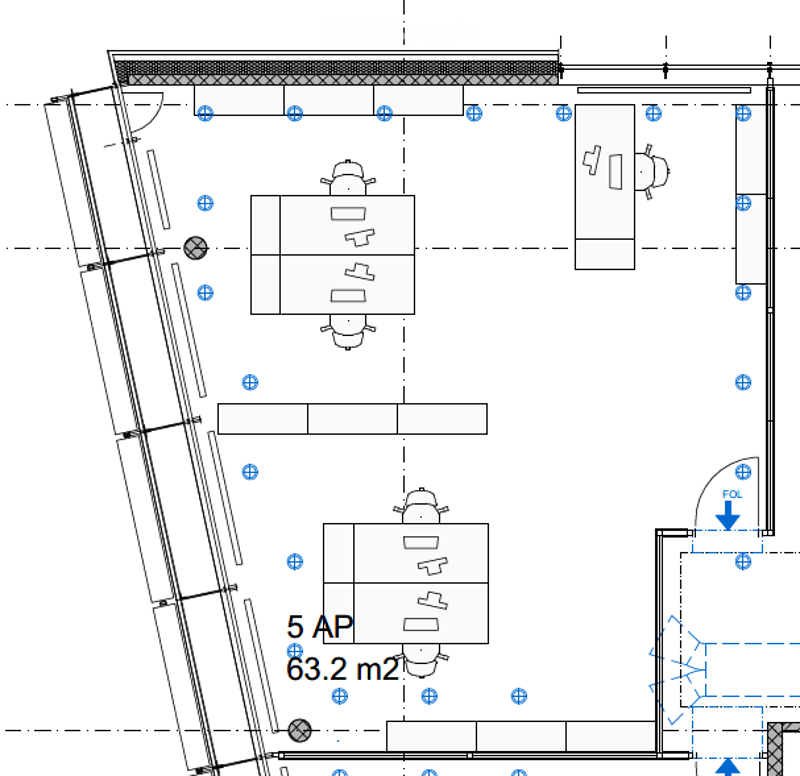 Floor plan of a room labeled "5 AP" with an area of 63.2 m². The layout includes a desk, chairs, a cabinet, and a small storage area.