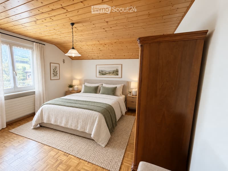 Cozy bedroom with wooden slatted ceiling, large bed with white linens and green pillows, nightstands with lamps, framed artwork, and a view through the window.