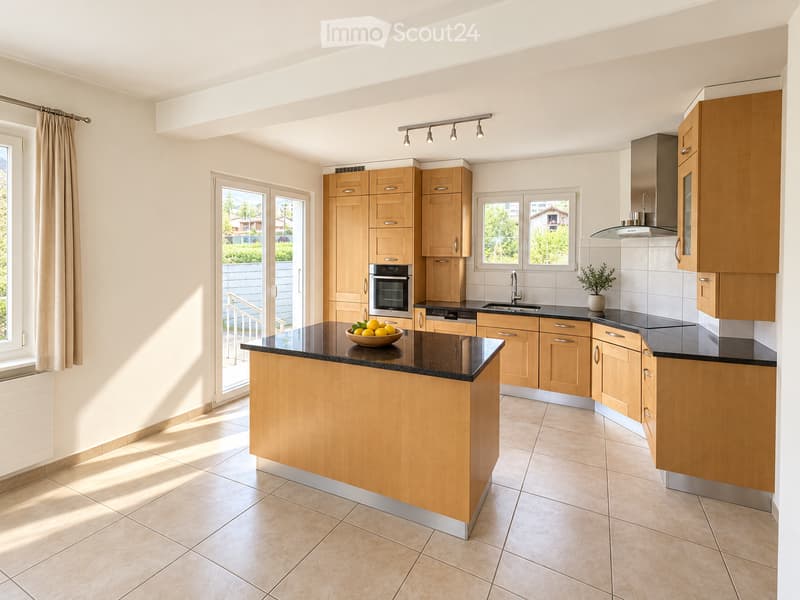 Modern kitchen with light wooden cabinets, black countertops, and a central island. Features include a sink, oven, dishwasher, and a bowl of fruit on the island.