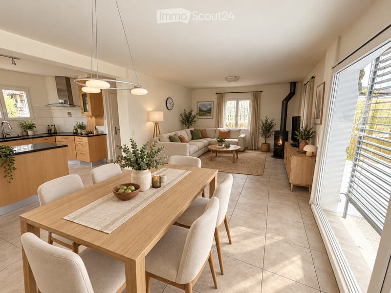 Open-plan living and dining area with a modern sofa, coffee table, fireplace, dining table with chairs, and a kitchen area with cabinets and a sink.