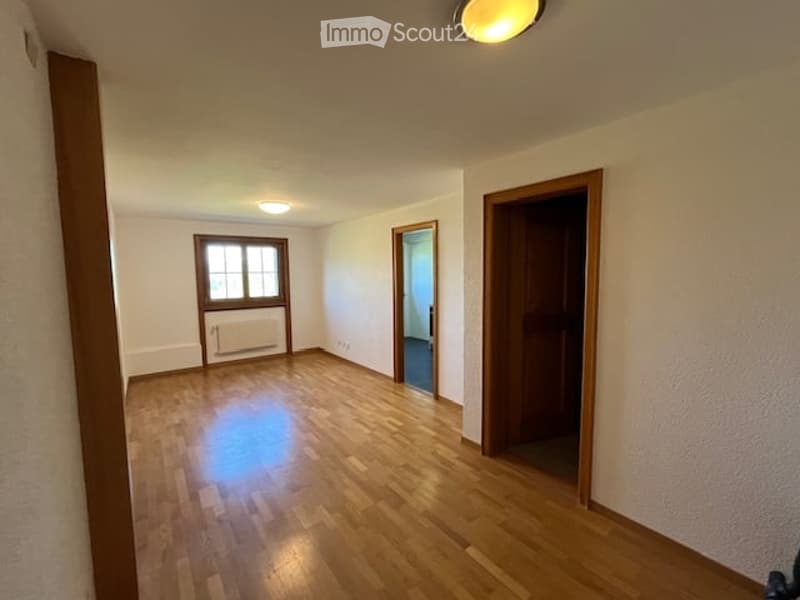 Empty room with wooden flooring, white walls, and a window with a radiator below it. Two doors lead to adjacent spaces.