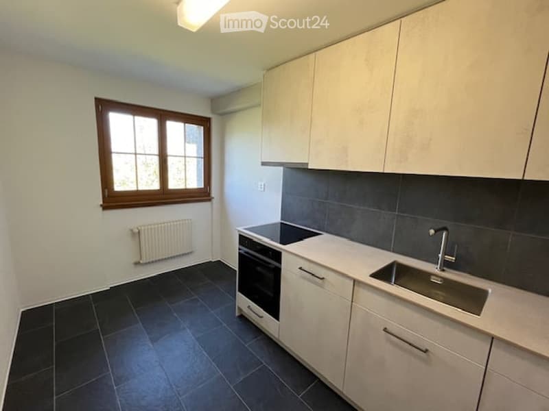 Modern kitchen with white cabinets, dark tiled floor, and stainless steel appliances including a sink, faucet, and oven. A window with wooden frame and radiator is visible.