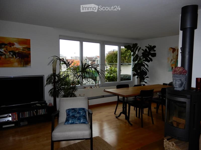 Bright living room with wooden flooring, large windows, a fireplace, a sofa, a chair, a dining table, a television, and decorative plants.