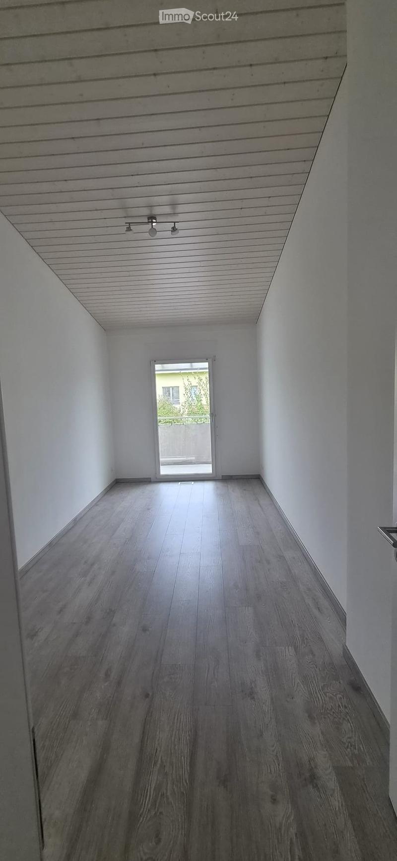 Empty hallway with wooden flooring, white walls, and a ceiling light fixture. A glass door at the end leads to an outdoor area.