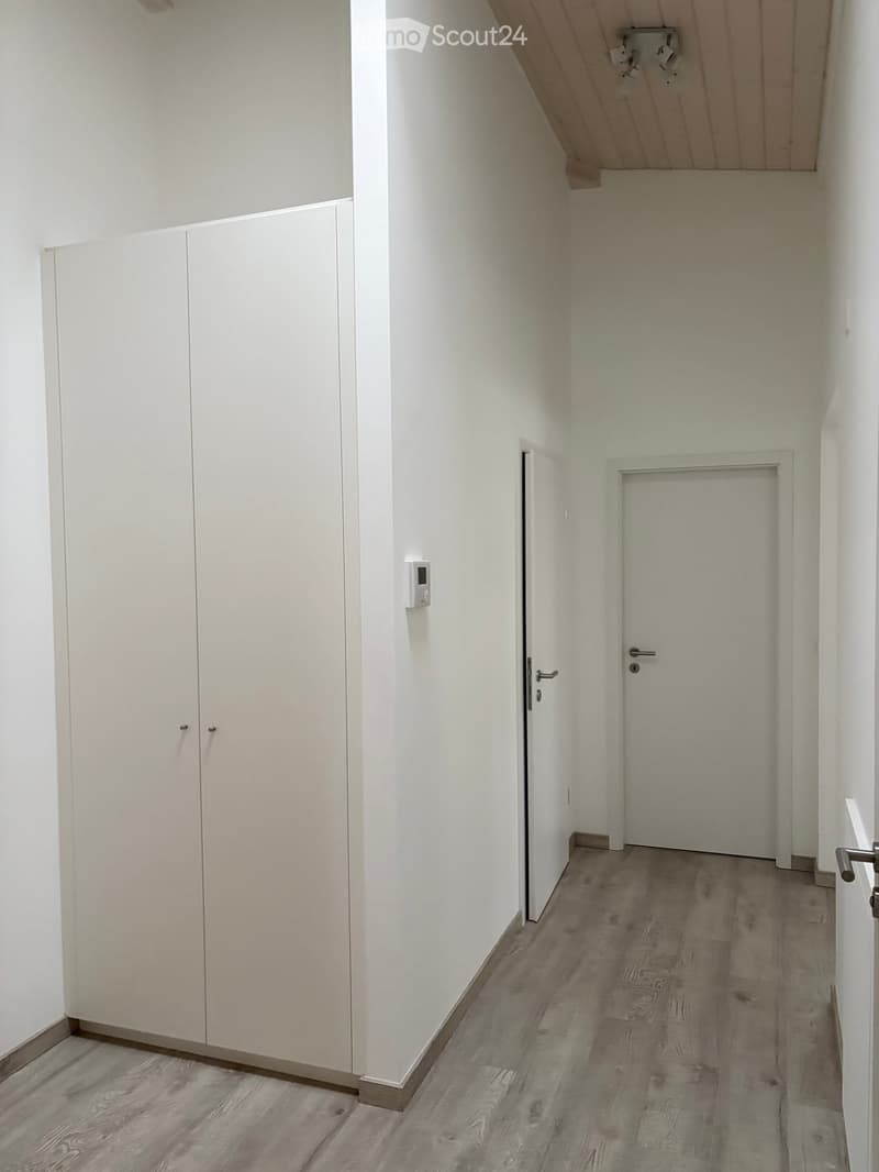 A clean, modern hallway with light wooden flooring, white walls, and built-in white closet units on one side. Two doors are visible at the end of the hallway.