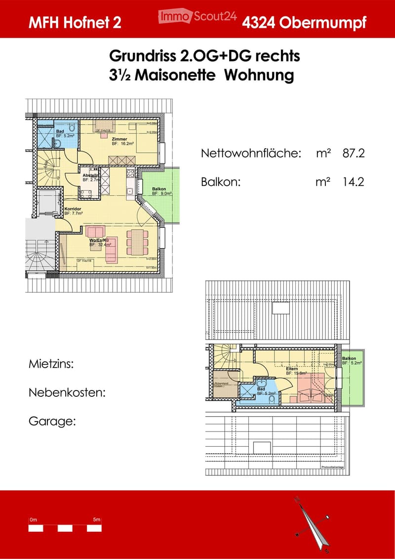 Floor plan of a 3.5-room maisonette apartment on the 2nd and 3rd floors, including a living/dining area, bedroom, bathroom, hallway, and balcony.