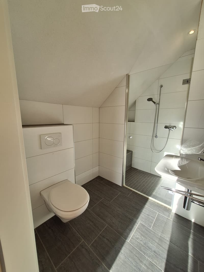 Modern bathroom with dark tiled floor, white tiled walls, toilet, sink, and glass-enclosed shower area.