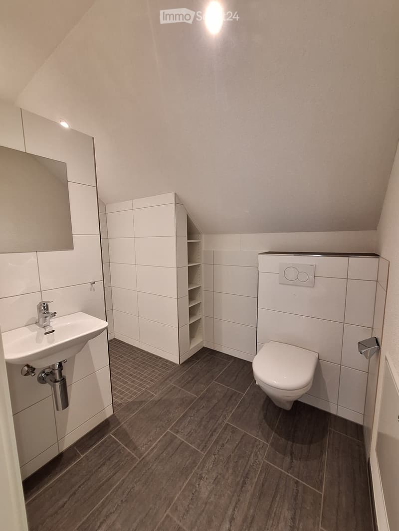 Modern bathroom with white tiles, dark wooden floor, sink, toilet, mirror, and built-in cabinet.