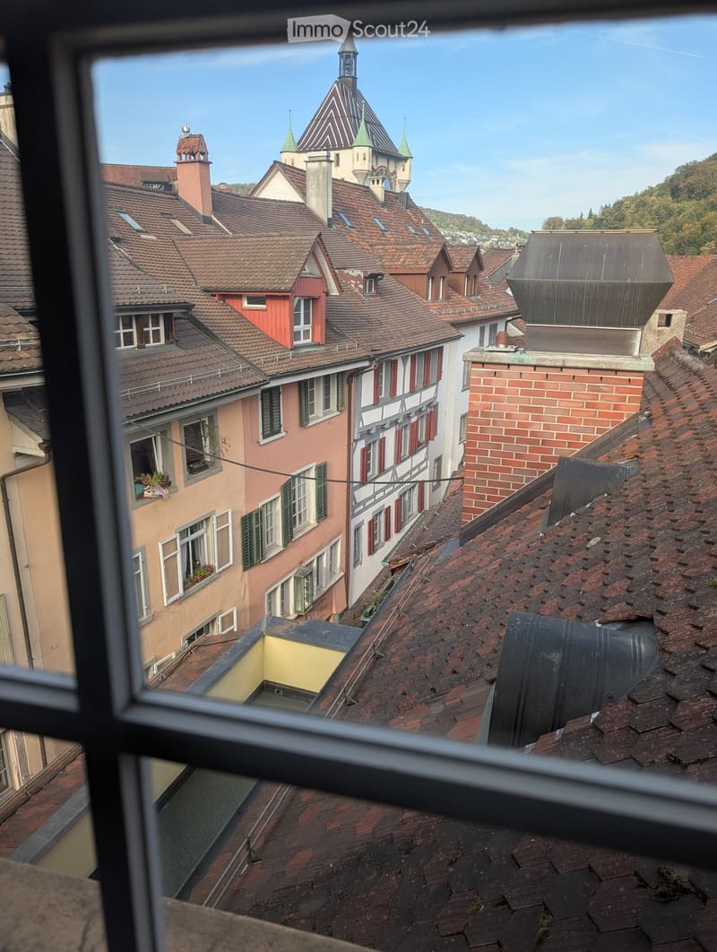 View of a historic town with red-tiled roofs, chimneys, and a church spire in the background.