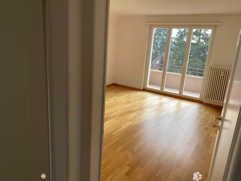 Empty room with wooden flooring, large sliding glass doors leading to a balcony, and white walls.