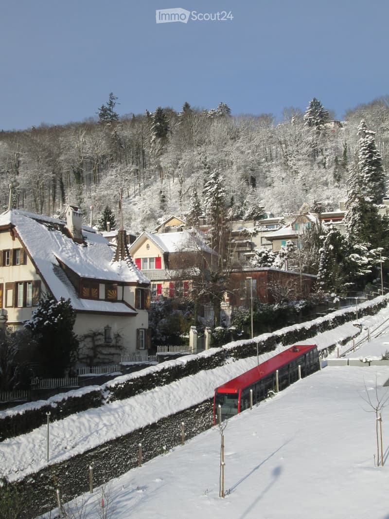A snow-covered residential area with multiple houses, trees, and a red tram running along a snowy road.
