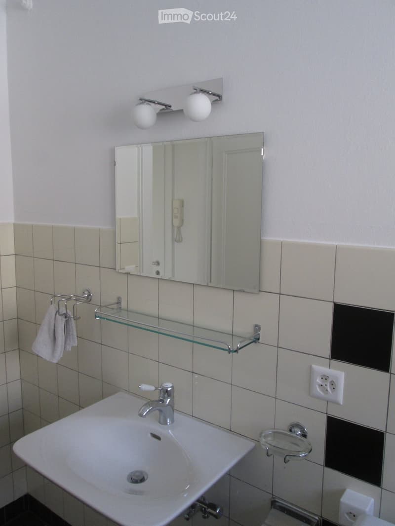 Modern bathroom with a white sink, chrome faucet, large mirror, glass shelf, and towel rack.