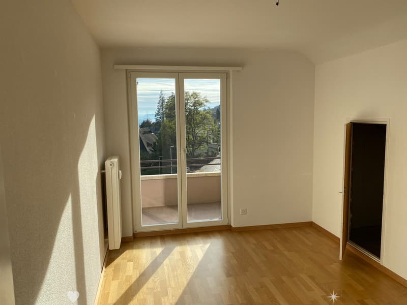 Empty room with wooden flooring, large sliding glass door leading to a balcony, radiator on the left side, and a partially open closet door on the right.
