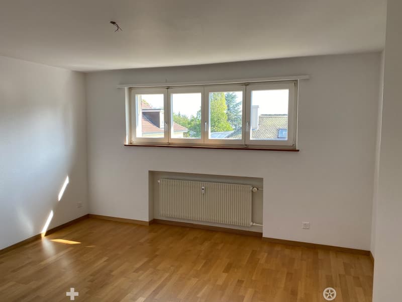 Empty room with wooden flooring, white walls, large windows, and a radiator below the windows.