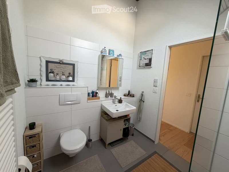 Modern bathroom with white tiles, a toilet, sink, mirror, and cabinet. Includes a wicker basket, plant, and decorative picture frame.