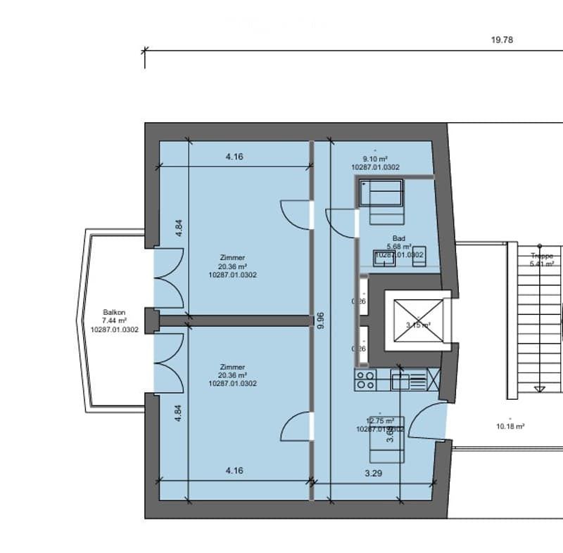 Floor plan of an apartment with two bedrooms, a bathroom, and a balcony.