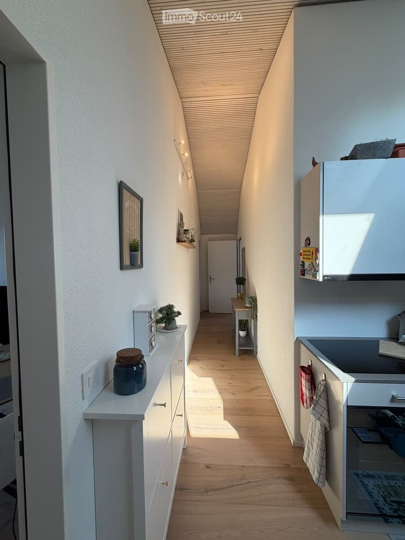 Narrow hallway with wooden flooring, white walls, built-in storage, and small decorative items. Natural light streams in from the end of the corridor.