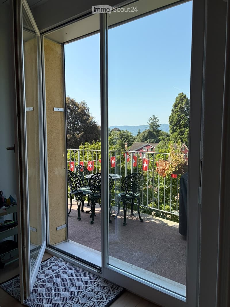 Balcony with a scenic view, featuring a small table and chairs, decorated with Swiss flags.