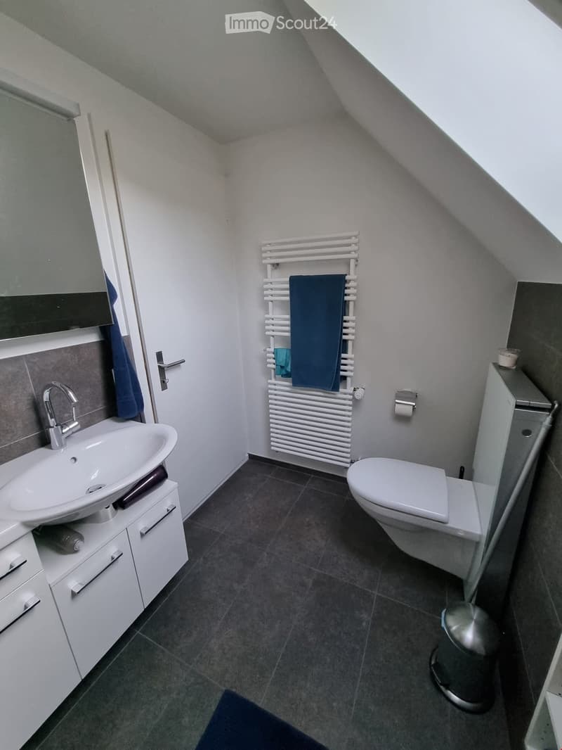 Modern bathroom with a white sink, toilet, radiator, mirror, and cabinet. The room features dark tiled flooring and a slanted ceiling typical of an attic space.
