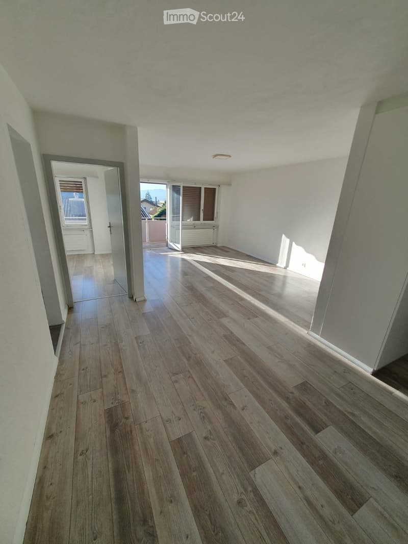 Empty hallway with wooden flooring, white walls, and natural light from a window at the end.