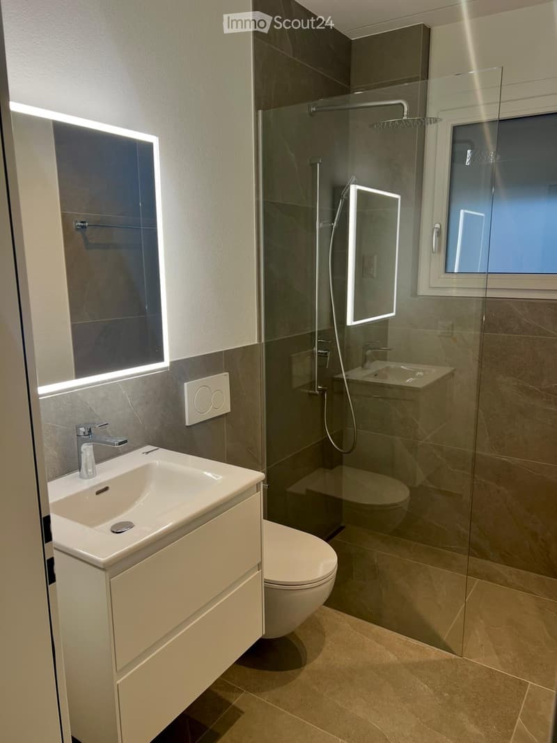 Modern bathroom with a white sink, toilet, glass-enclosed shower, and built-in storage cabinet.