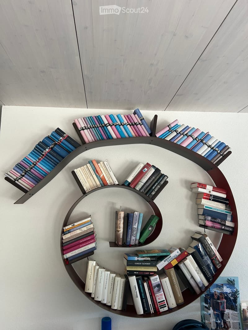 A modern, wall-mounted circular bookshelf filled with a variety of colorful books, arranged in a visually appealing manner.
