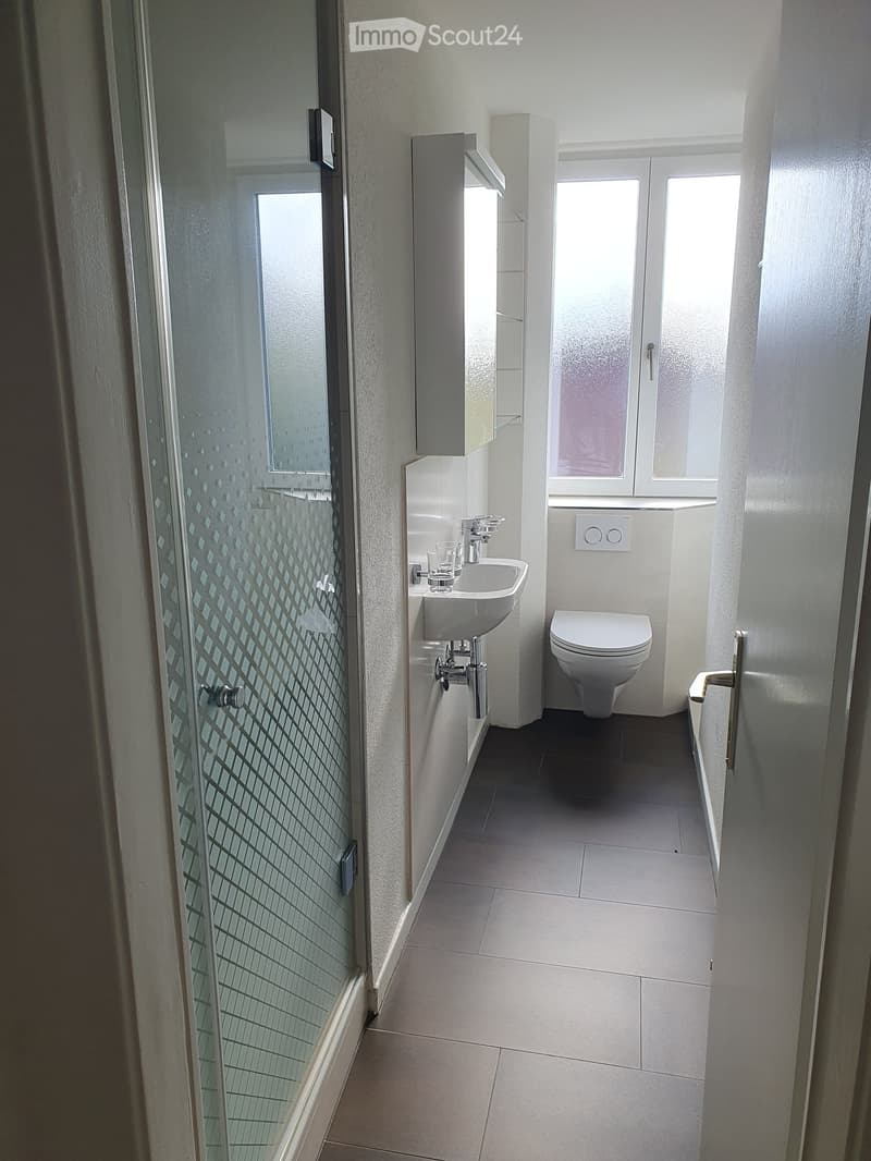 Modern bathroom with white tiles, a sink, toilet, and a glass shower enclosure with a geometric tile pattern.