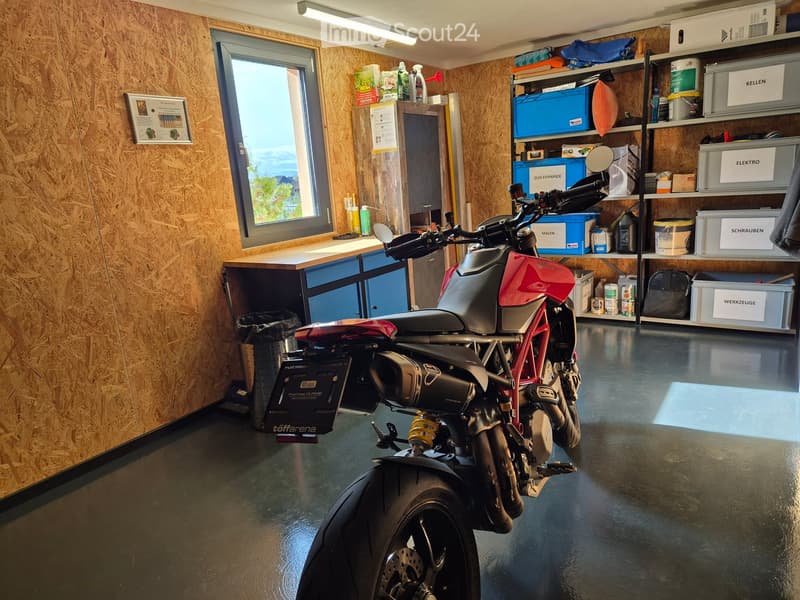 Garage with a red and black motorcycle, shelves with storage boxes, cleaning supplies, and a table with cleaning products.