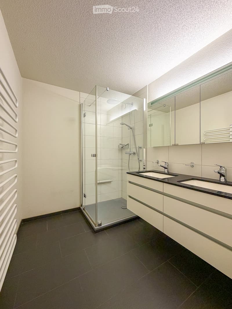 Modern bathroom with a glass-enclosed shower, double sink vanity, and large mirror. Dark tiled floor and light-colored walls.
